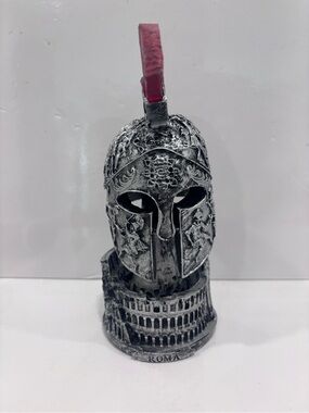 Silver Roman Gladiator Helmet Collectible with Red Crest pen holder bobblehead